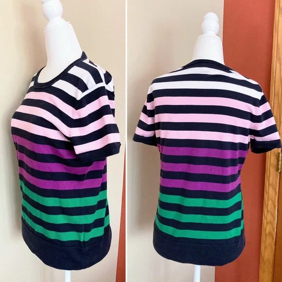 Brooks Brothers Women’s 100% Supima Cotton Navy Blue Pink Green Striped Knit Top - Picture 3 of 6